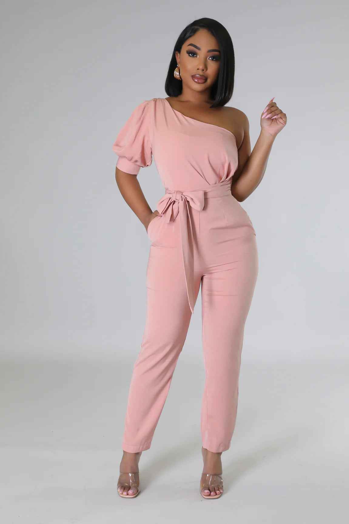 One Shoulder High Waist Backless Slim Tapered Jumpsuit