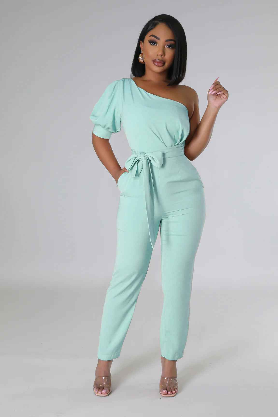 One Shoulder High Waist Backless Slim Tapered Jumpsuit