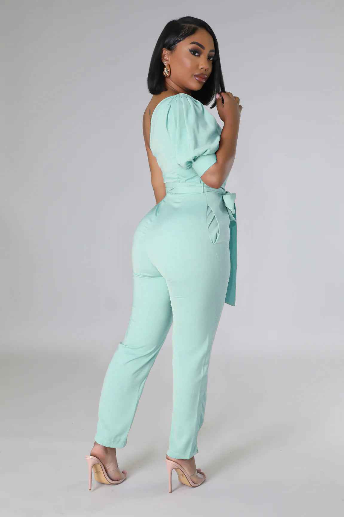 One Shoulder High Waist Backless Slim Tapered Jumpsuit