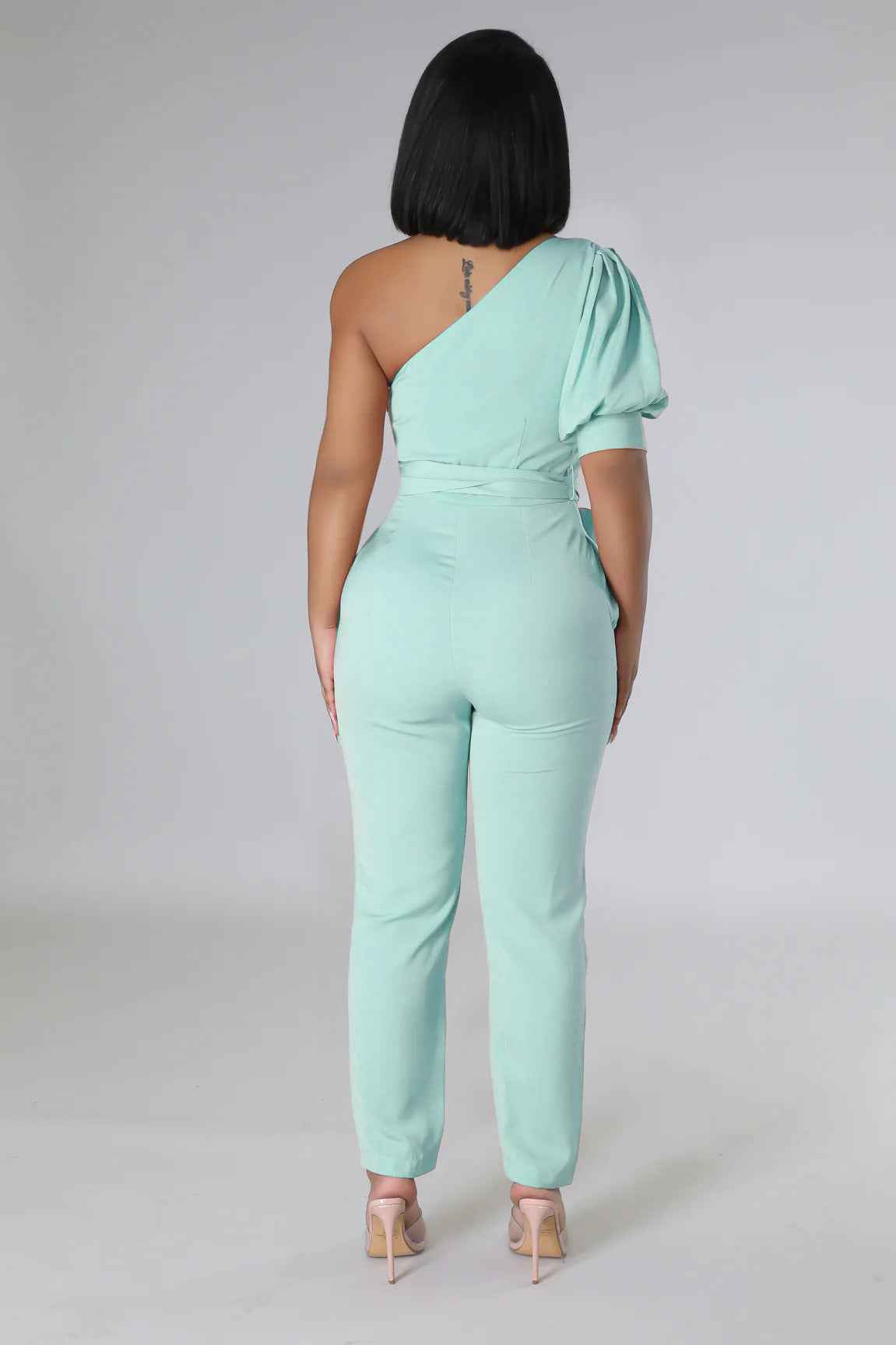 One Shoulder High Waist Backless Slim Tapered Jumpsuit