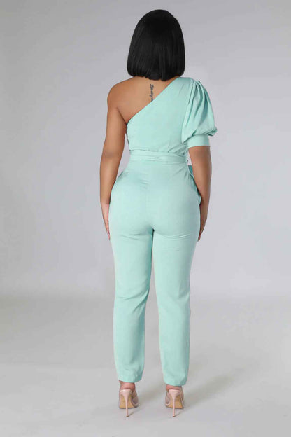 One Shoulder High Waist Backless Slim Tapered Jumpsuit