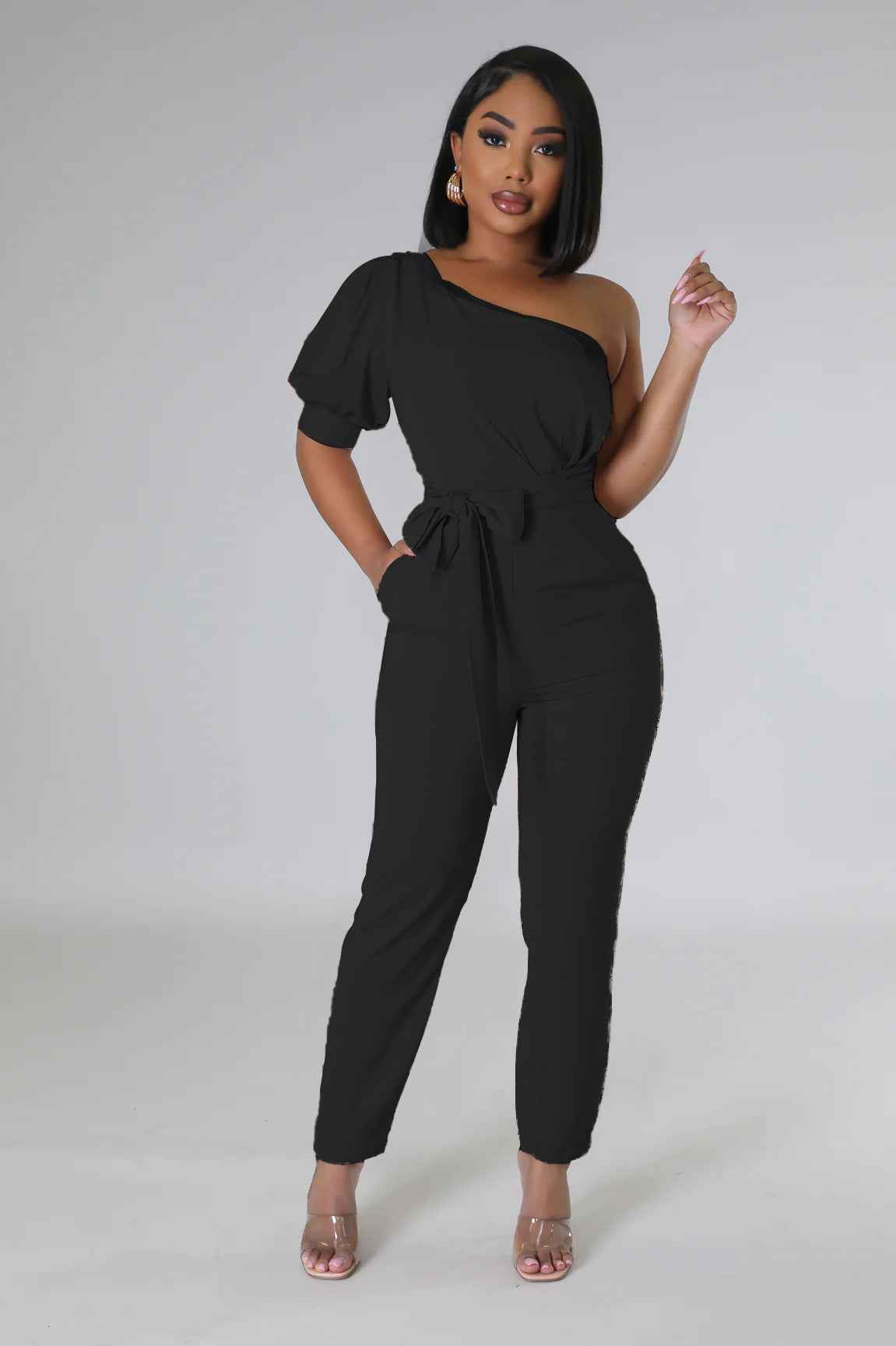 One Shoulder High Waist Backless Slim Tapered Jumpsuit