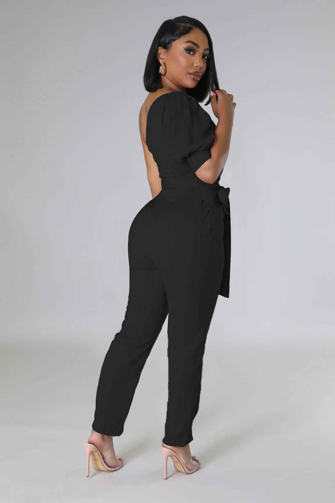One Shoulder High Waist Backless Slim Tapered Jumpsuit