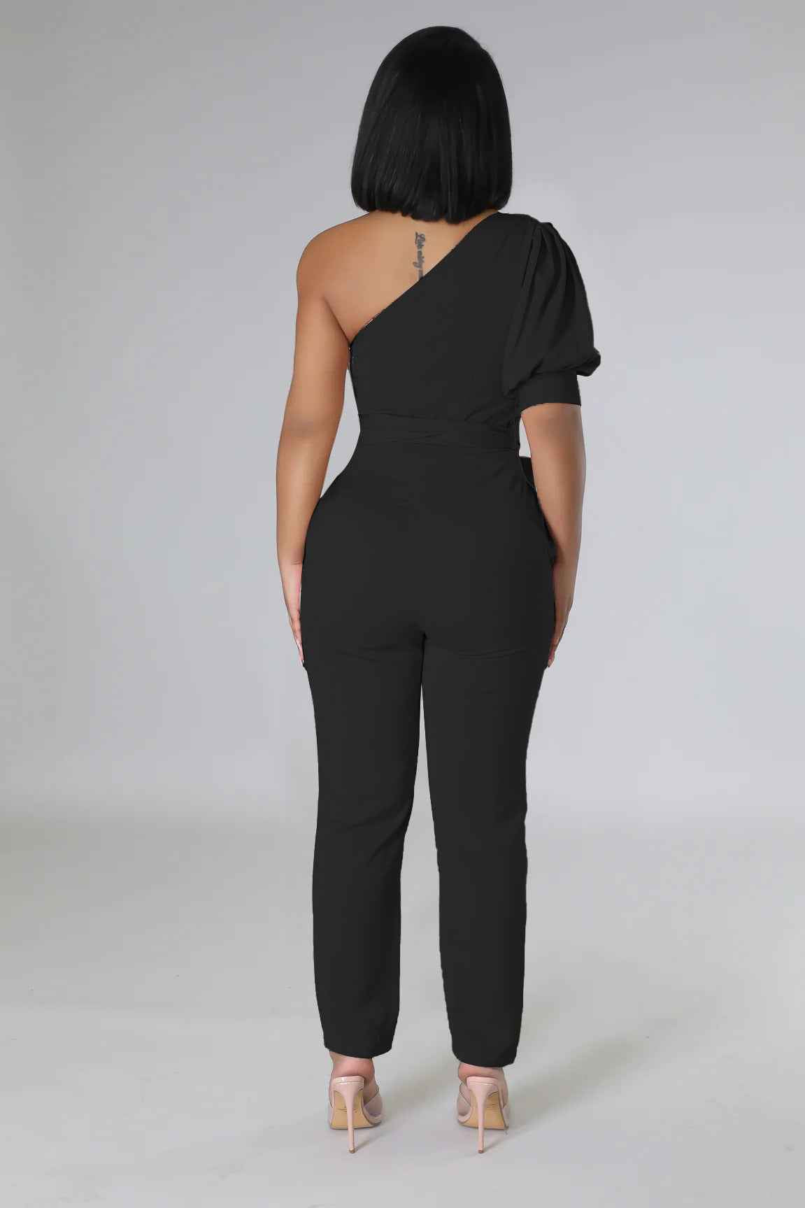 One Shoulder High Waist Backless Slim Tapered Jumpsuit