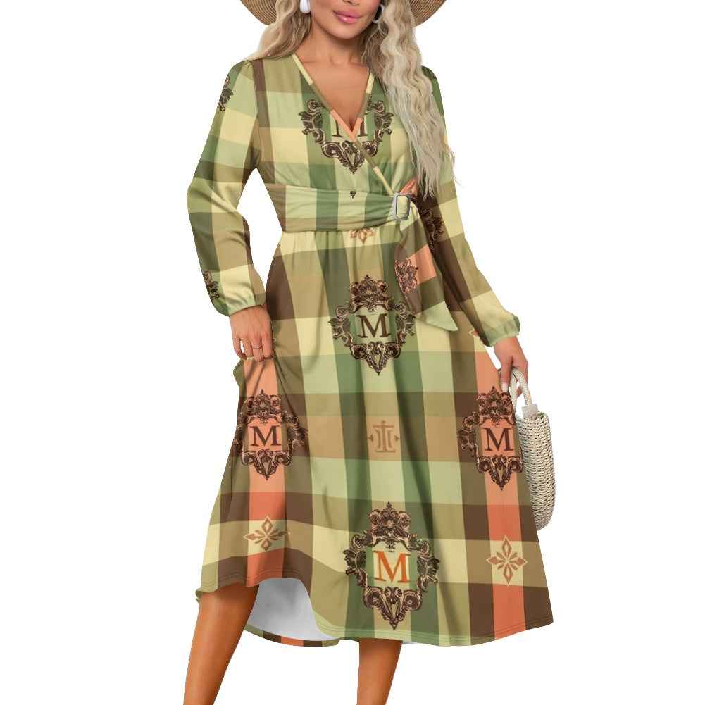 V-Neck Long Sleeve Tie Waist Midi Dress