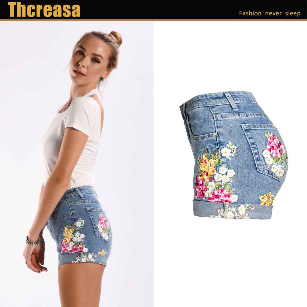 Stretch Bottoms for Women 3D Exquisite Embroidered Floral Denim