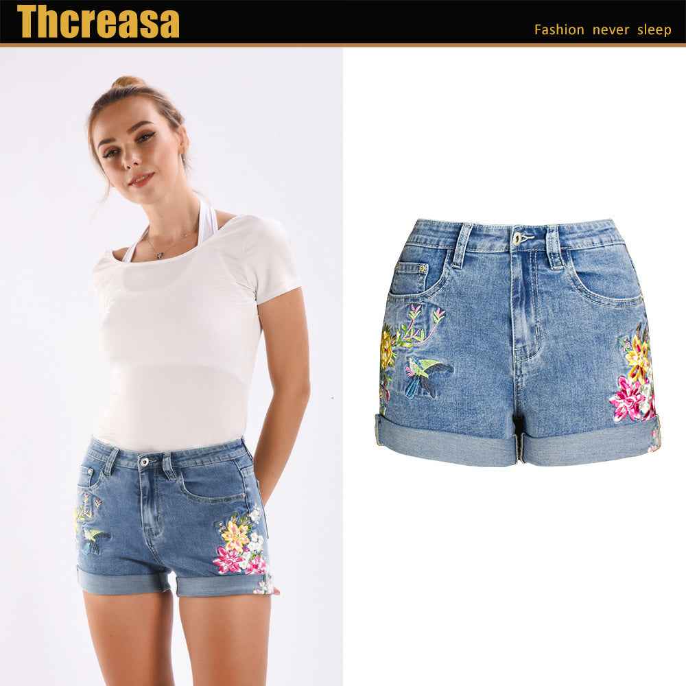 Stretch Bottoms for Women 3D Exquisite Embroidered Floral Denim