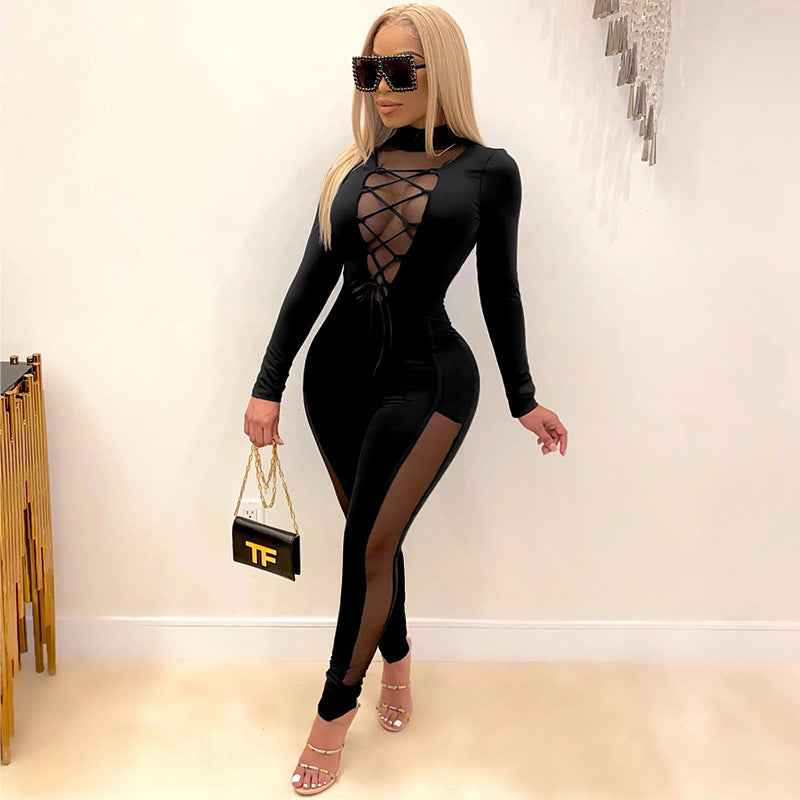 Sexy Lace Up Stitching See Through Long Sleeve Jumpsuit