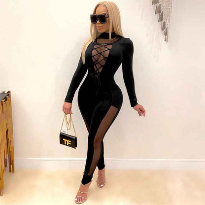 Sexy Lace Up Stitching See Through Long Sleeve Jumpsuit