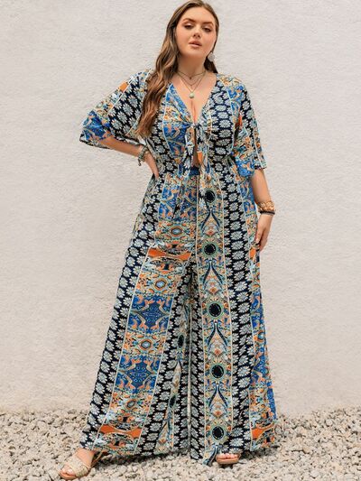 Plus Size Printed Half Sleeve Wide Leg Jumpsuit - Munsieur