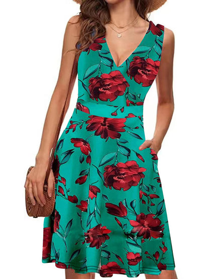 Elegant Sleeveless Printed Pocket Dress Women's