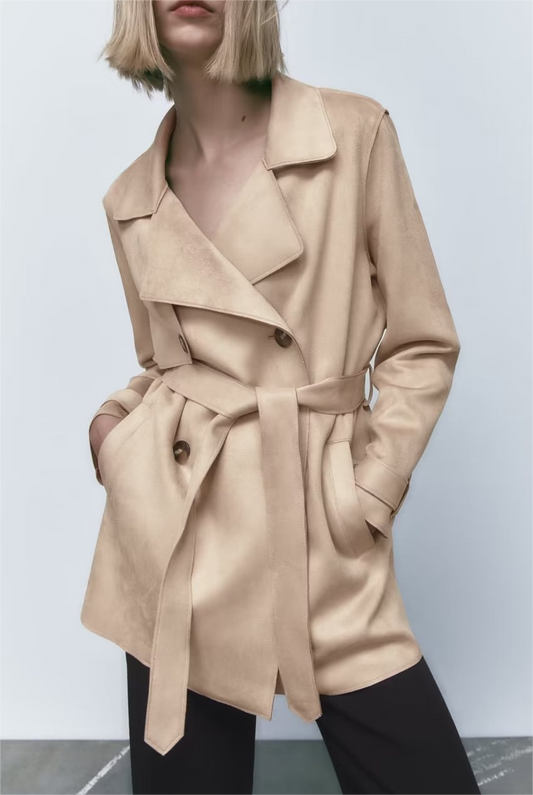 Jaket Streetwear Wanita Trench Tekstur Suede