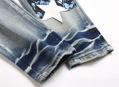 Men's Pants Blue With Holes Embroidered Printed