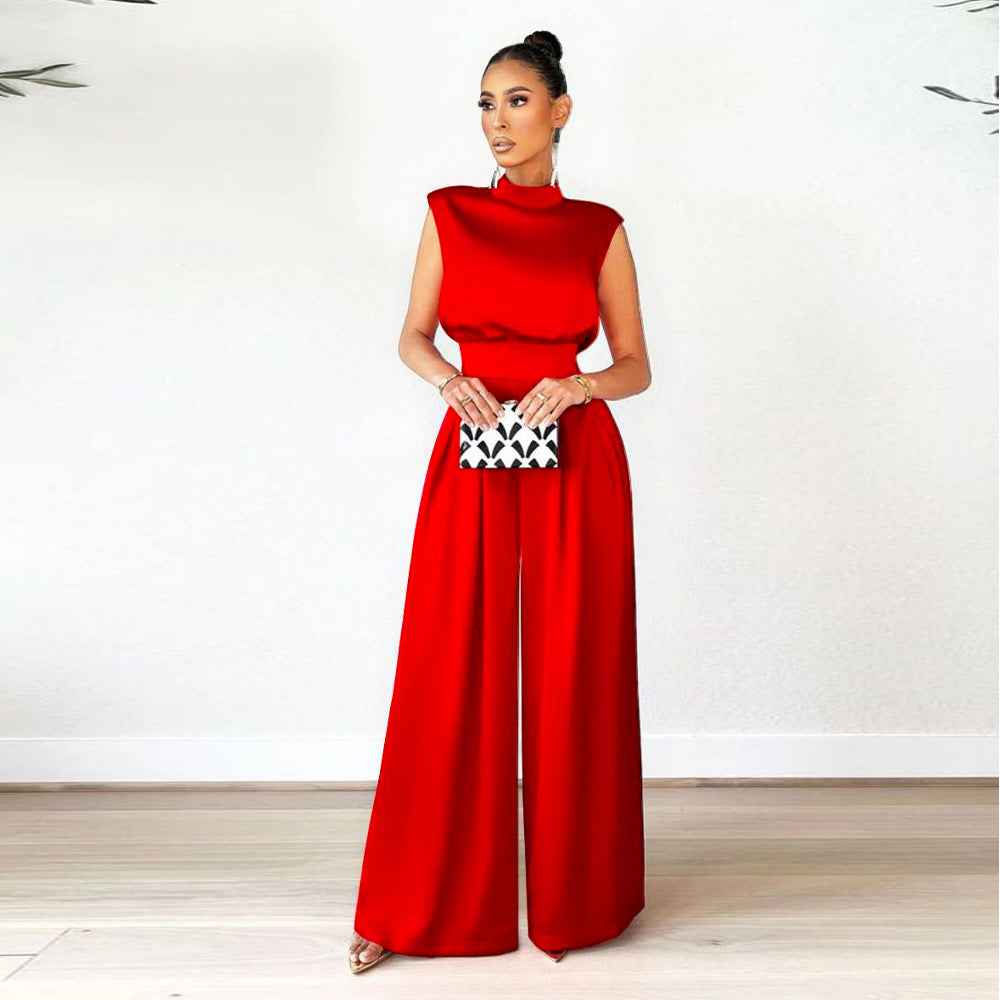Solid Color Turtleneck Sleeveless Fitted Waist Jumpsuit No Belt