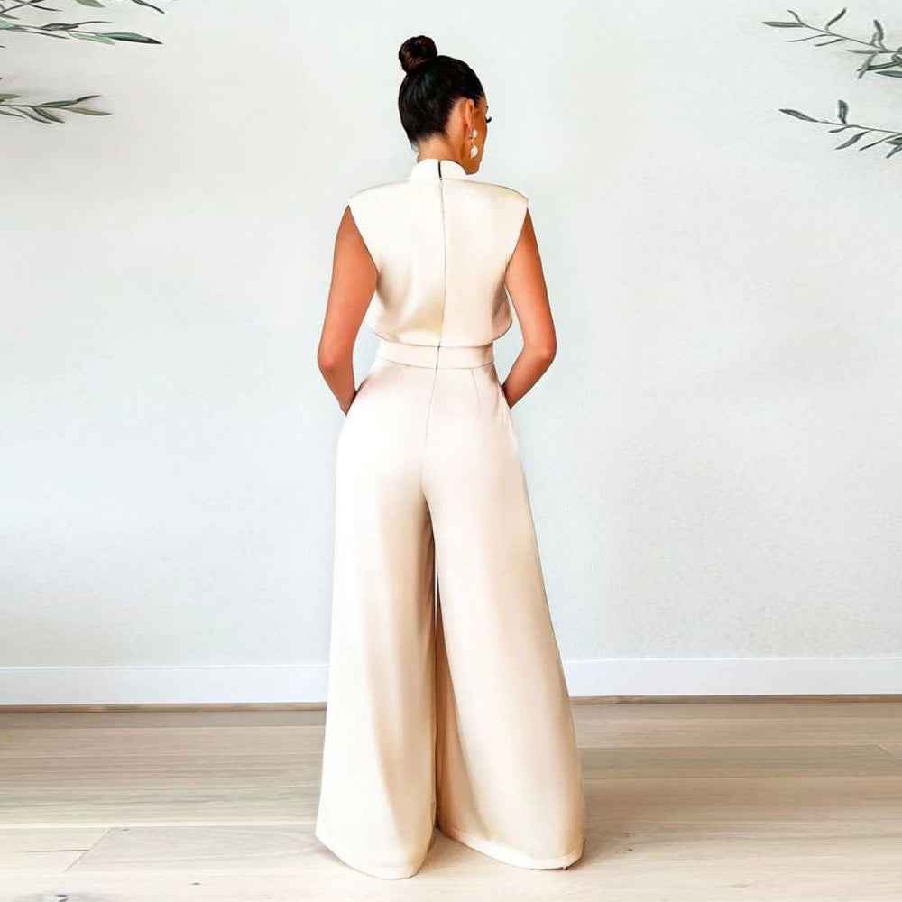 Solid Color Turtleneck Sleeveless Fitted Waist Jumpsuit No Belt