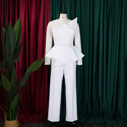 Women Clothing Stitching Mesh Beads Waist Slimming Jumpsuit