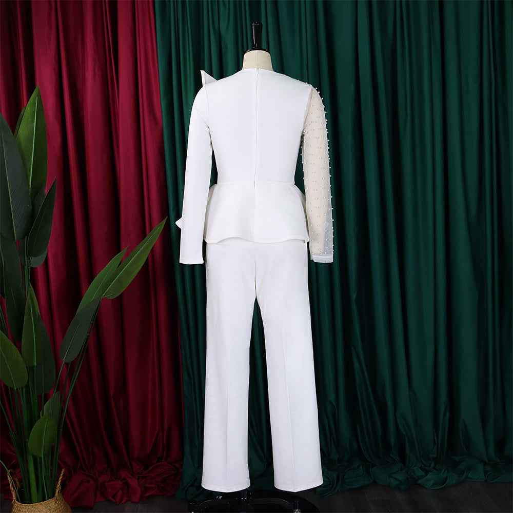 Women Clothing Stitching Mesh Beads Waist Slimming Jumpsuit