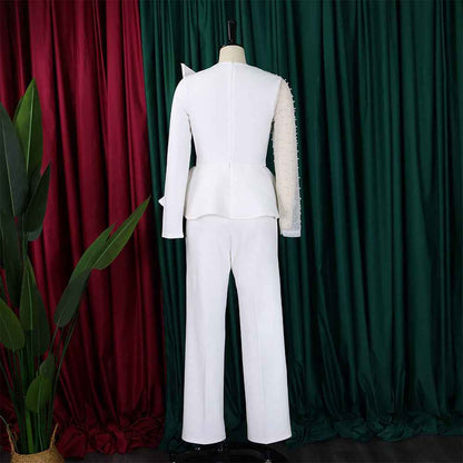 Women Clothing Stitching Mesh Beads Waist Slimming Jumpsuit