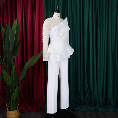 Women Clothing Stitching Mesh Beads Waist Slimming Jumpsuit