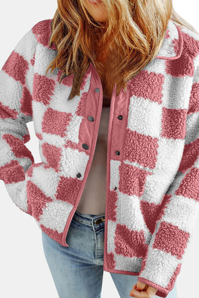 Checkered Snap Down Long Sleeve Teddy Jacket - Munsieur