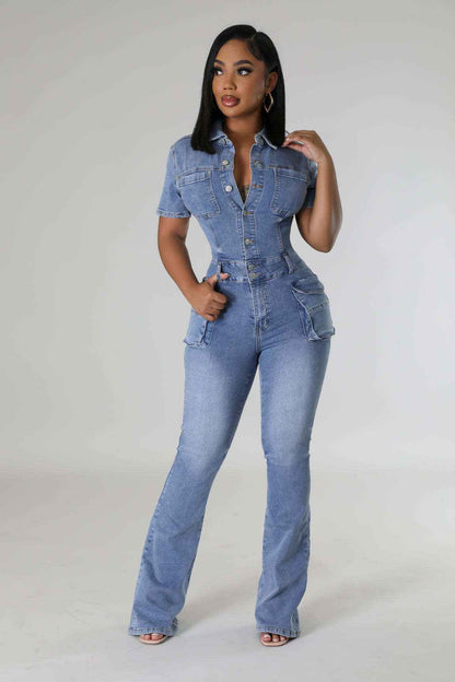 Floral Wash Denim Jumpsuit