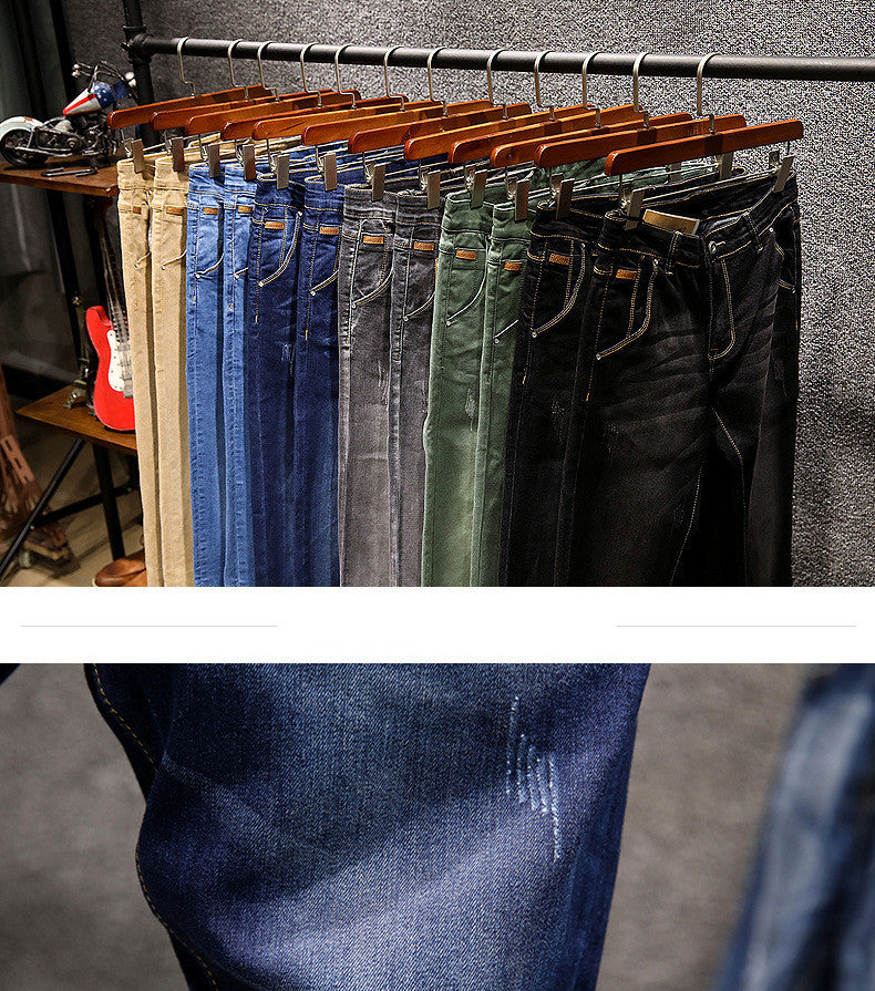 Slim Fit Stretch Small Straight Stone-Washed Solid Color Pants for Men