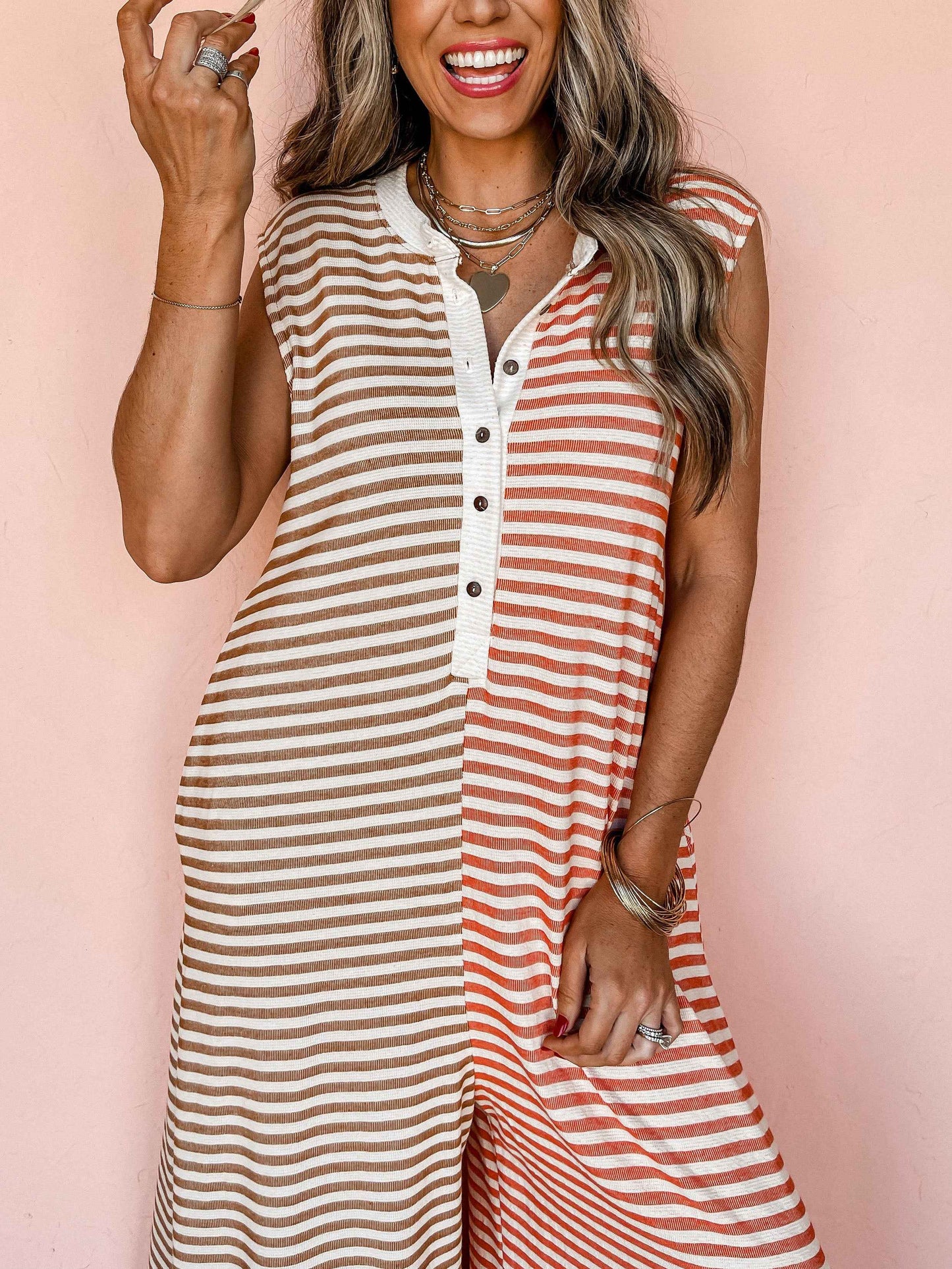 Jumpsuit Mixed Color Stripe Sleeveless Loose