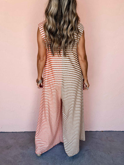 Jumpsuit Mixed Color Stripe Sleeveless Loose