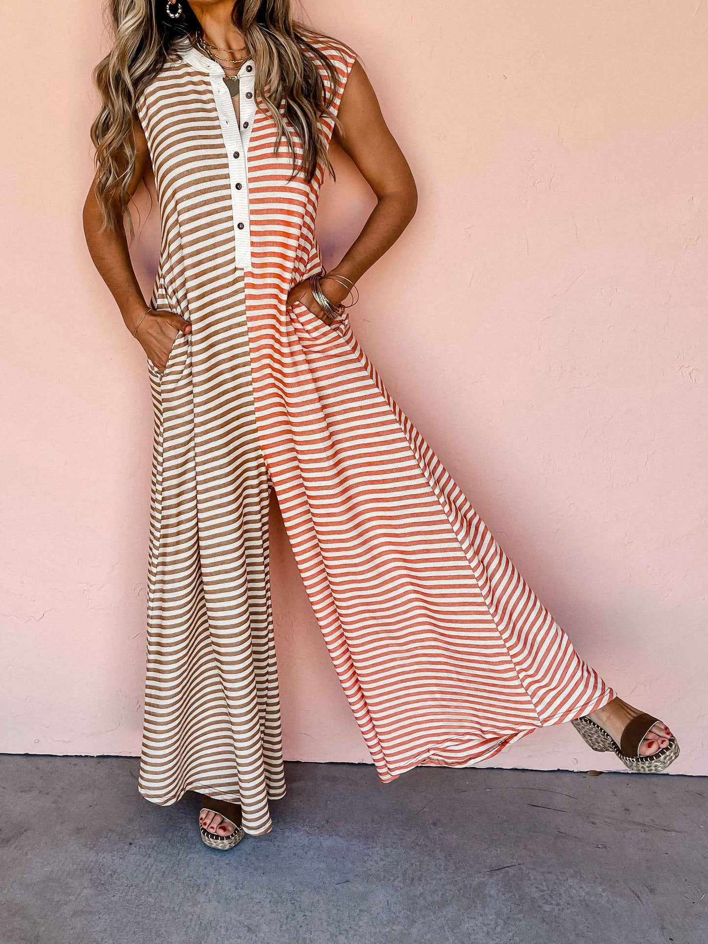 Jumpsuit Mixed Color Stripe Sleeveless Loose