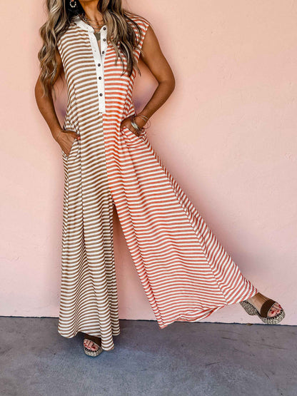 Jumpsuit Mixed Color Stripe Sleeveless Loose