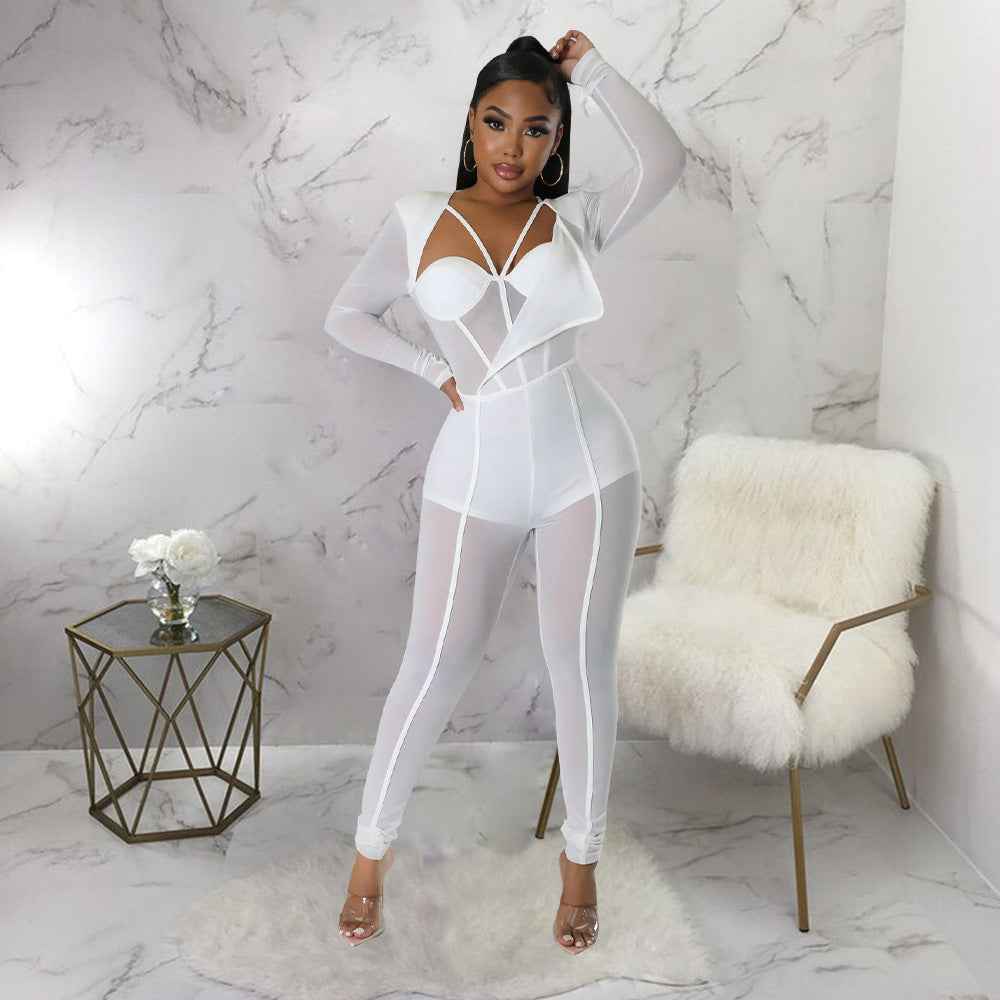 Solid Color Sexy See through Jumpsuit Women