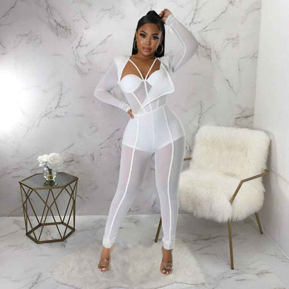 Solid Color Sexy See through Jumpsuit Women