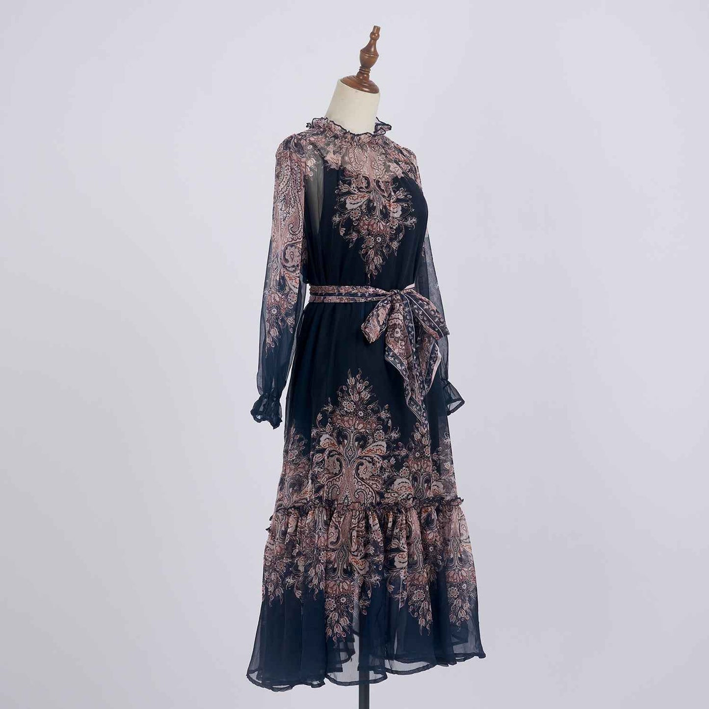 Light Luxury Elegant Retro Printed Long Sleeve Scarf Elegant Dress Two Piece
