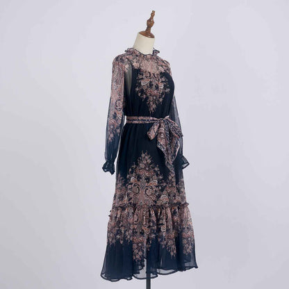 Light Luxury Elegant Retro Printed Long Sleeve Scarf Elegant Dress Two Piece