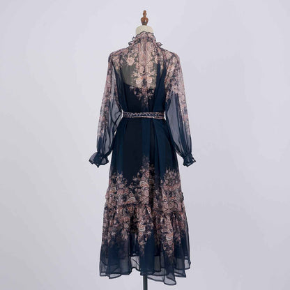 Light Luxury Elegant Retro Printed Long Sleeve Scarf Elegant Dress Two Piece