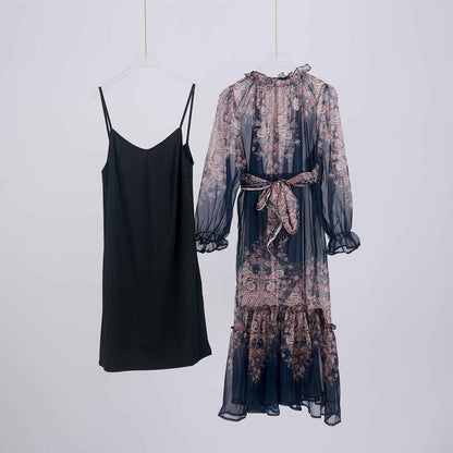 Light Luxury Elegant Retro Printed Long Sleeve Scarf Elegant Dress Two Piece