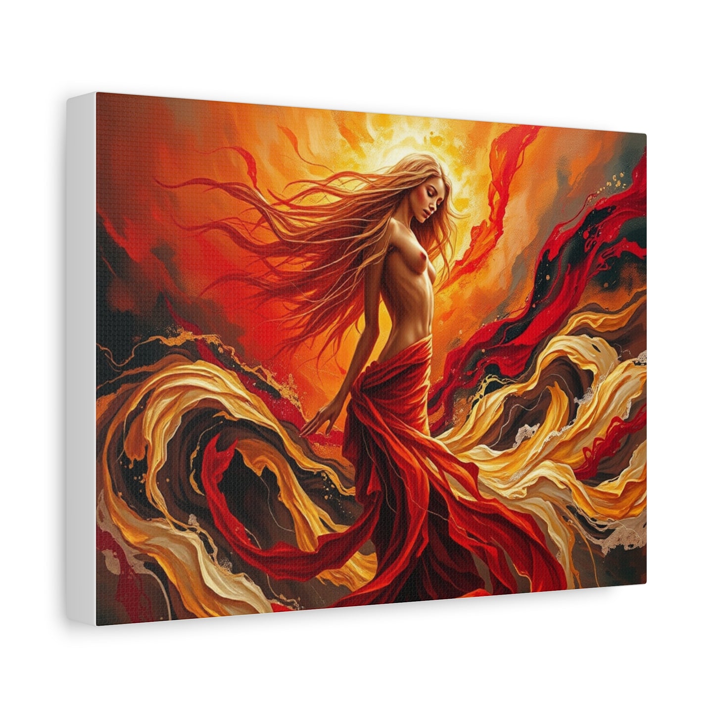 Stretched Canvas Art Print: Fiery Goddess in Flowing Red, Home Decor, wall art, art gift, bohemian decor, vibrant painting