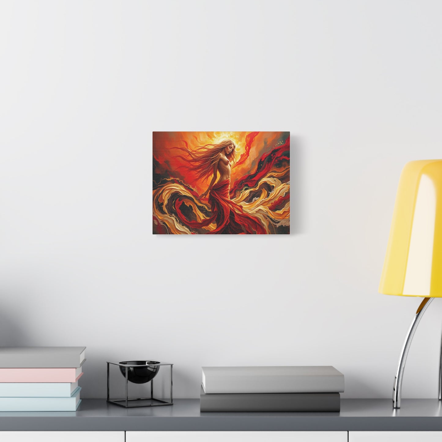 Stretched Canvas Art Print: Fiery Goddess in Flowing Red, Home Decor, wall art, art gift, bohemian decor, vibrant painting