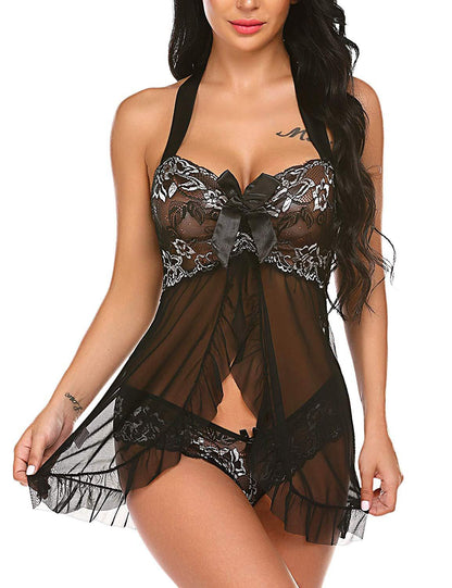 Women's Sleepwear Lace Stitching Mesh Transparent Halter Bow Pajamas
