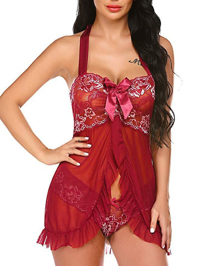 Women's Sleepwear Lace Stitching Mesh Transparent Halter Bow Pajamas