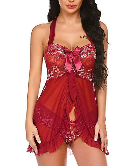 Women's Sleepwear Lace Stitching Mesh Transparent Halter Bow Pajamas