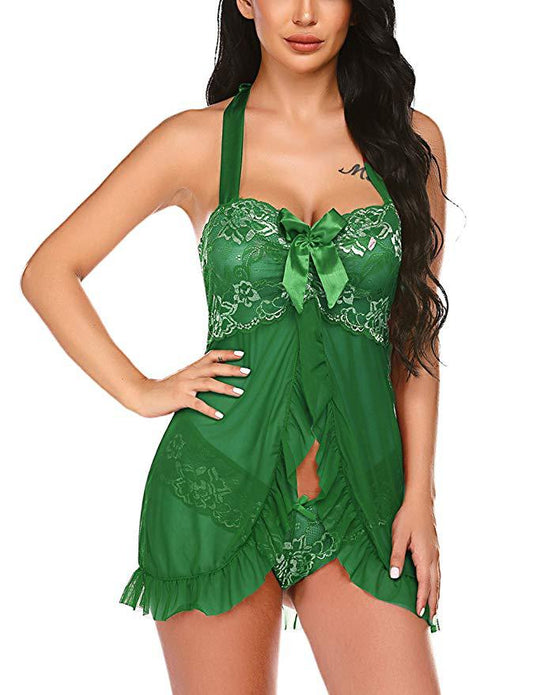 Women's Sleepwear Lace Stitching Mesh Transparent Halter Bow Pajamas