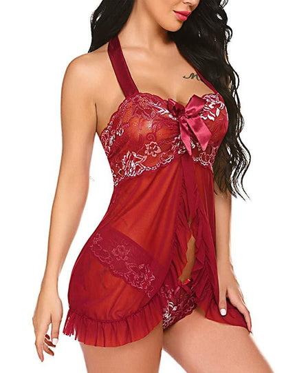 Women's Sleepwear Lace Stitching Mesh Transparent Halter Bow Pajamas