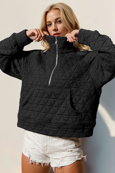 Double Take Half Zip Long Sleeve Quilted Sweatshirt with Pocket - Munsieur