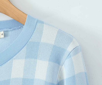 French Plaid Knit Cardigan Sweater