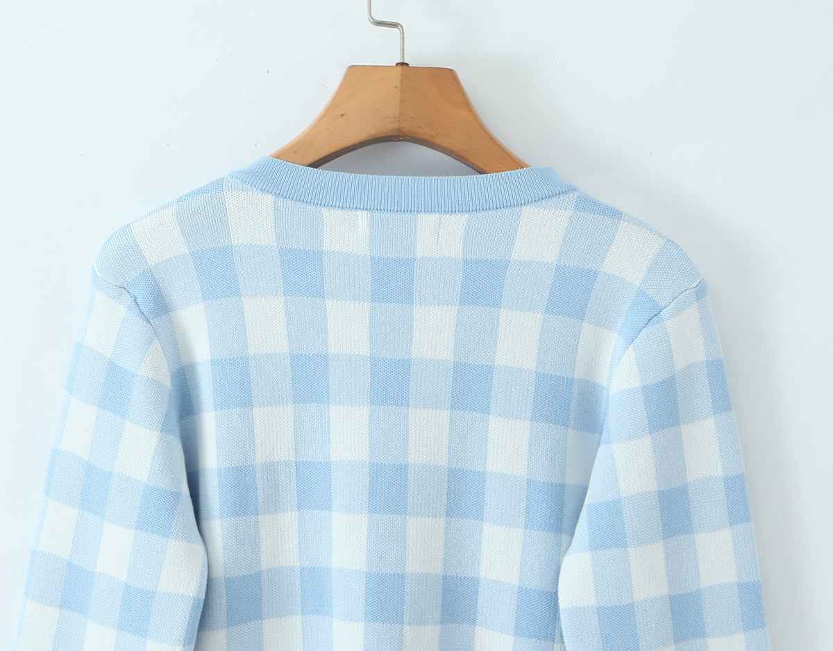 French Plaid Knit Cardigan Sweater