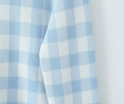 French Plaid Knit Cardigan Sweater