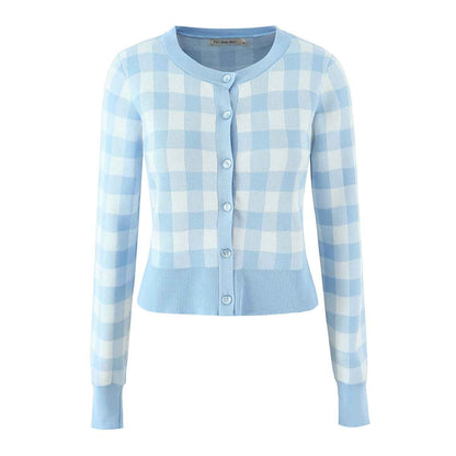 French Plaid Knit Cardigan Sweater