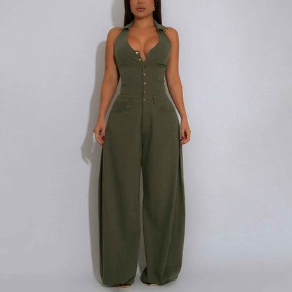 Sleeveless Backless Casual Jumpsuit w Pockets