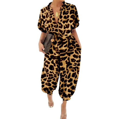 Leopard Print Lace up Collared One Piece Nightclub Uniform Jumpsuit